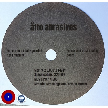 ATTO ABRASIVES Ultra-Thin Sectioning Wheels 9"x0.030"x1-1/4" Non-Ferrous Metals 3W225-075-SN